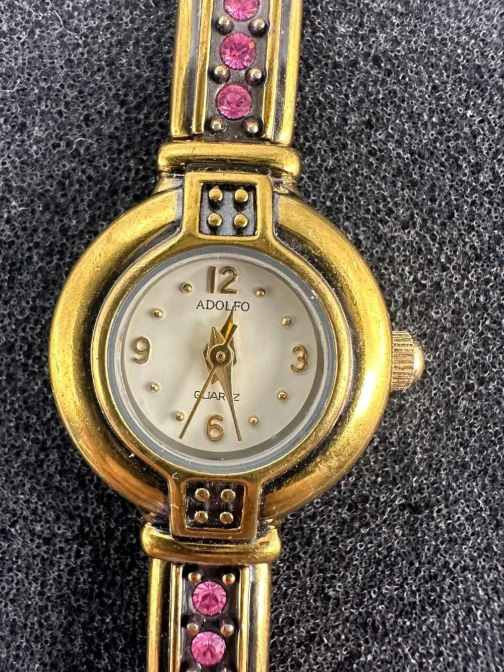 Adolfo Watch Women Gold Tone Pink Rhinestone Accents Small Dial New Battery 7.5